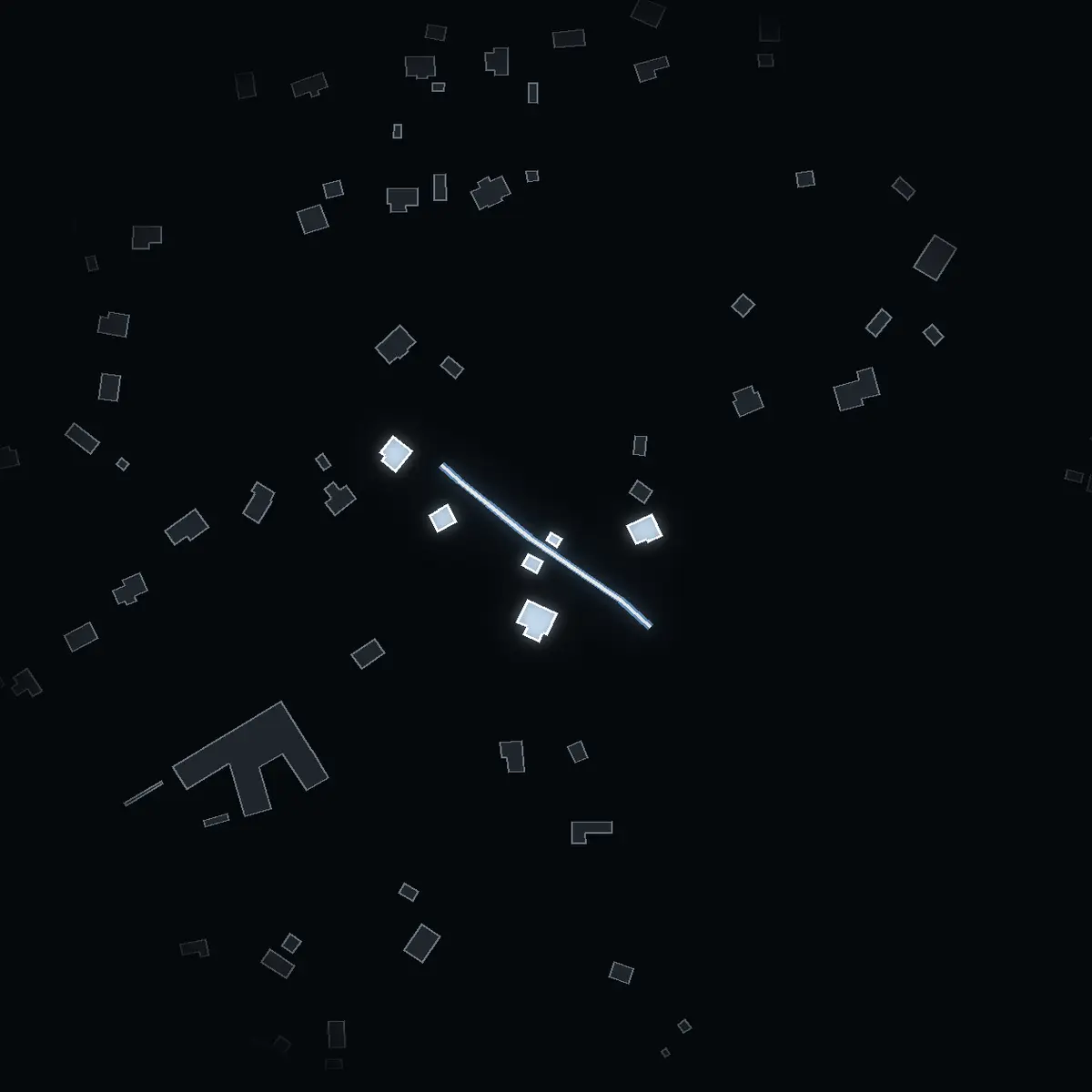 The street at night: Riddarstigen drawn in white, its buildings lit in the colour of their area’s income