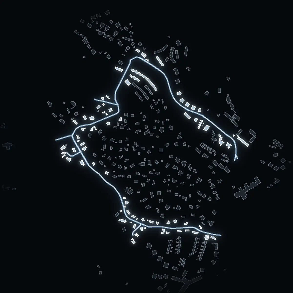 The street at night: Ringvägen drawn in white, its buildings lit in the colour of their area’s income