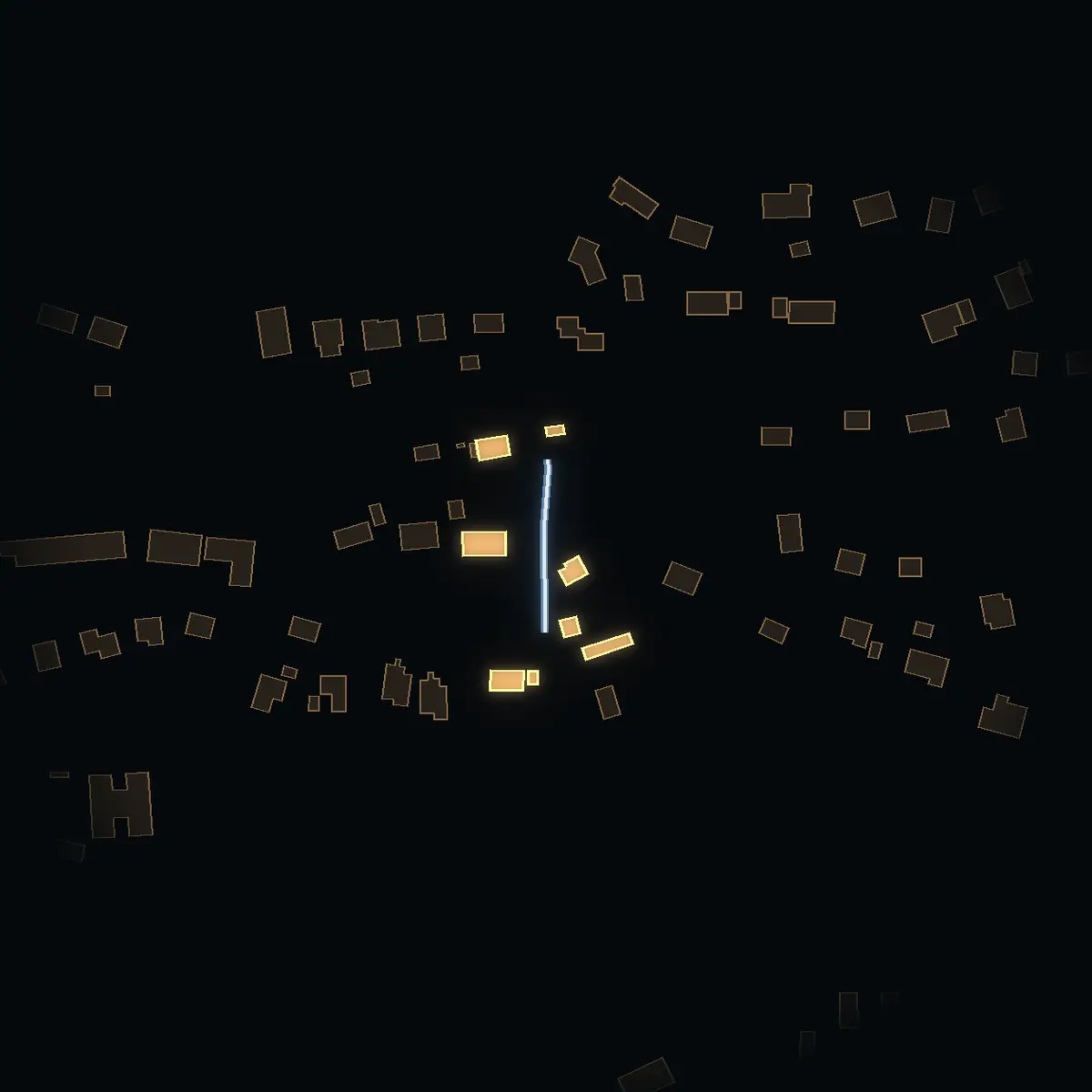 The street at night: Rönnbacken drawn in white, its buildings lit in the colour of their area’s income