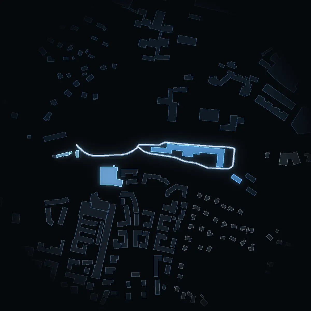 The street at night: Rotorslingan drawn in white, its buildings lit in the colour of their area’s income