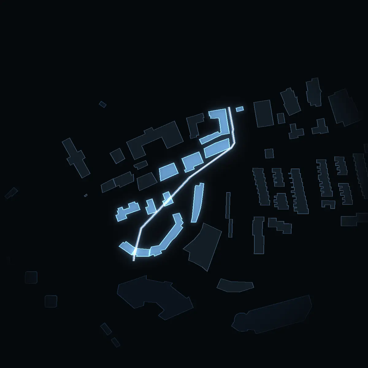 The street at night: Saltsjöqvarns tunnelgata drawn in white, its buildings lit in the colour of their area’s income