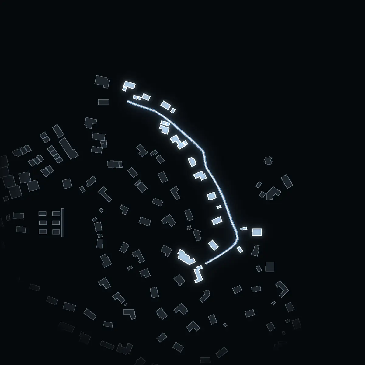 The street at night: Seglarvägen drawn in white, its buildings lit in the colour of their area’s income