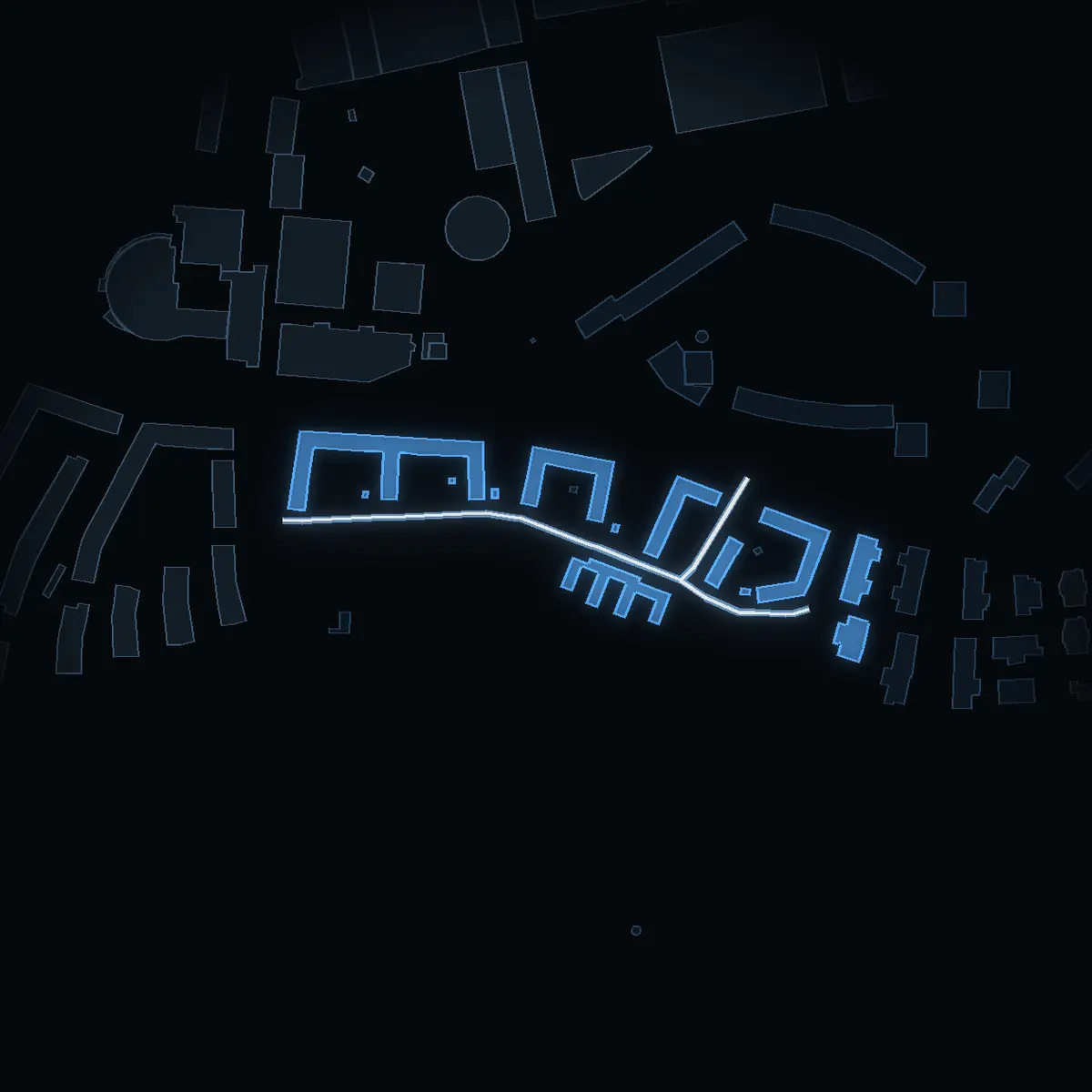 The street at night: Sickla strand drawn in white, its buildings lit in the colour of their area’s income