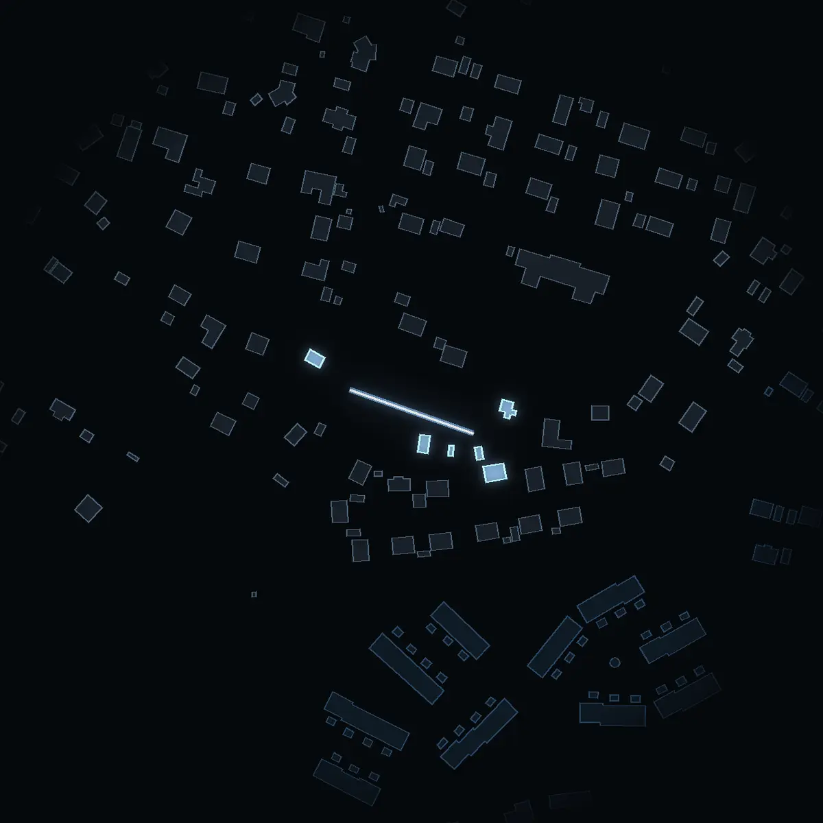 The street at night: Sidovägen drawn in white, its buildings lit in the colour of their area’s income
