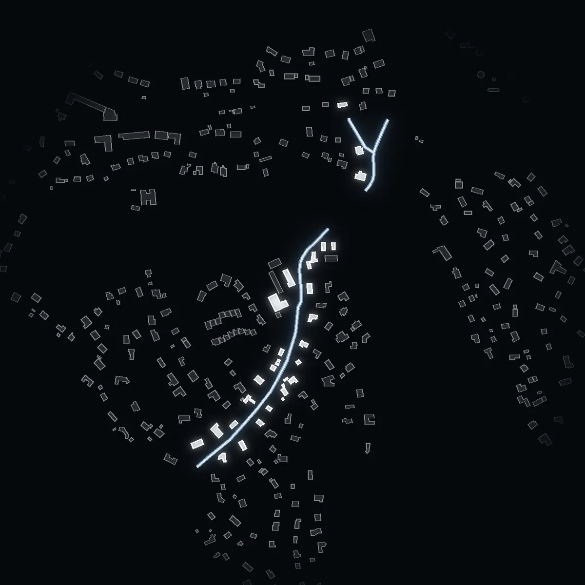 The street at night: Sjövägen drawn in white, its buildings lit in the colour of their area’s income
