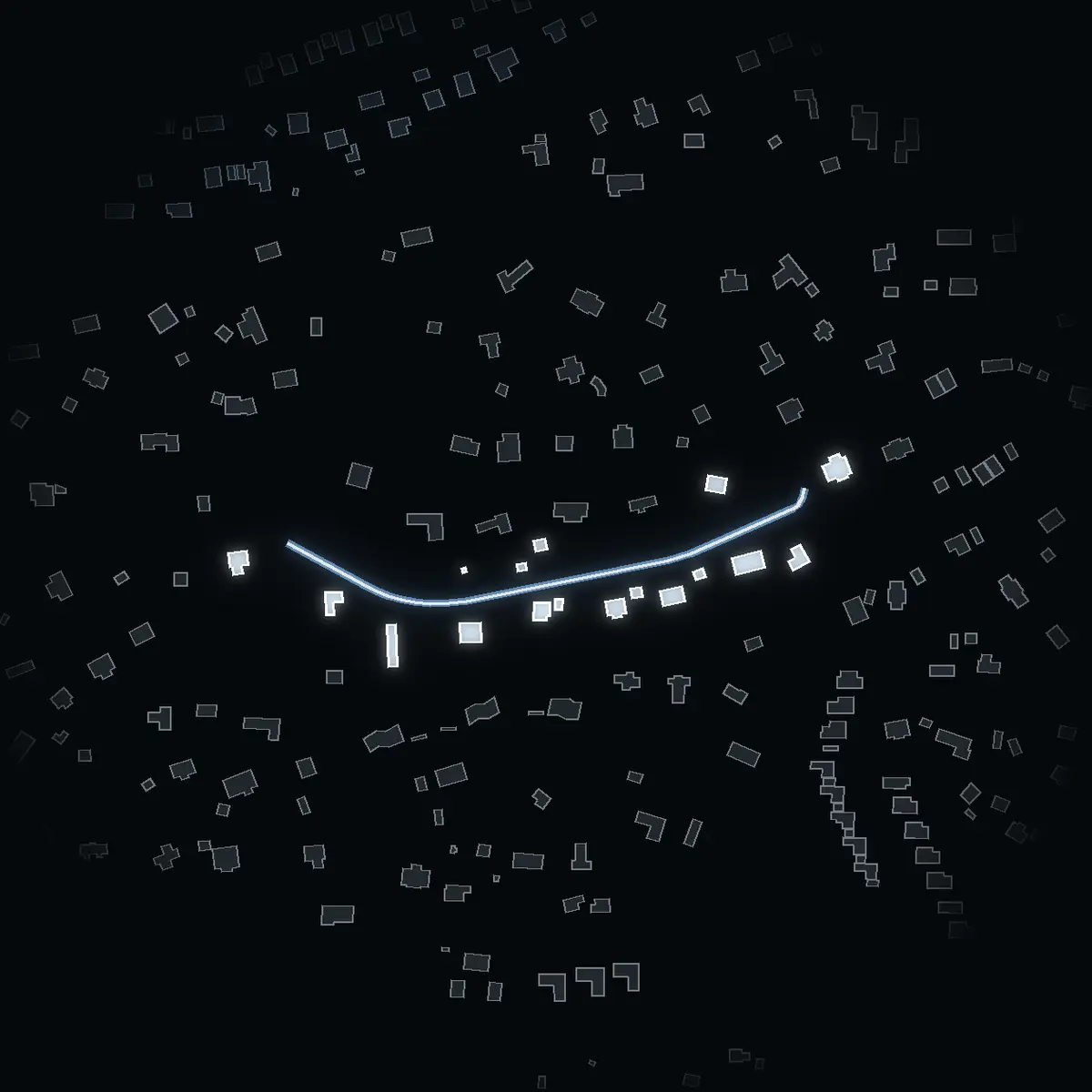 The street at night: Skogsallén drawn in white, its buildings lit in the colour of their area’s income