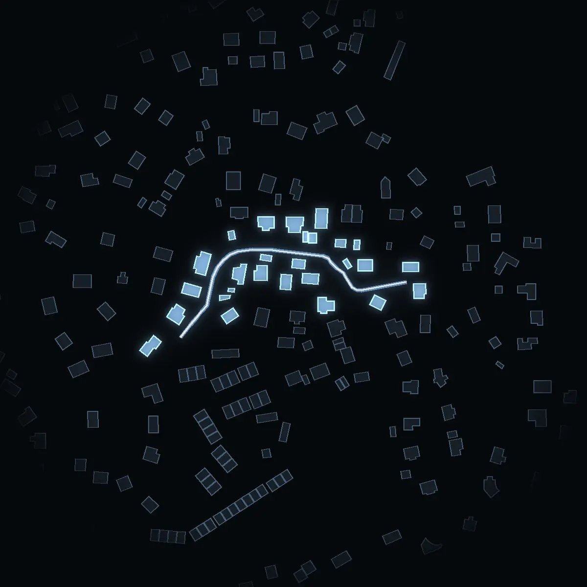 The street at night: Sköldungavägen drawn in white, its buildings lit in the colour of their area’s income