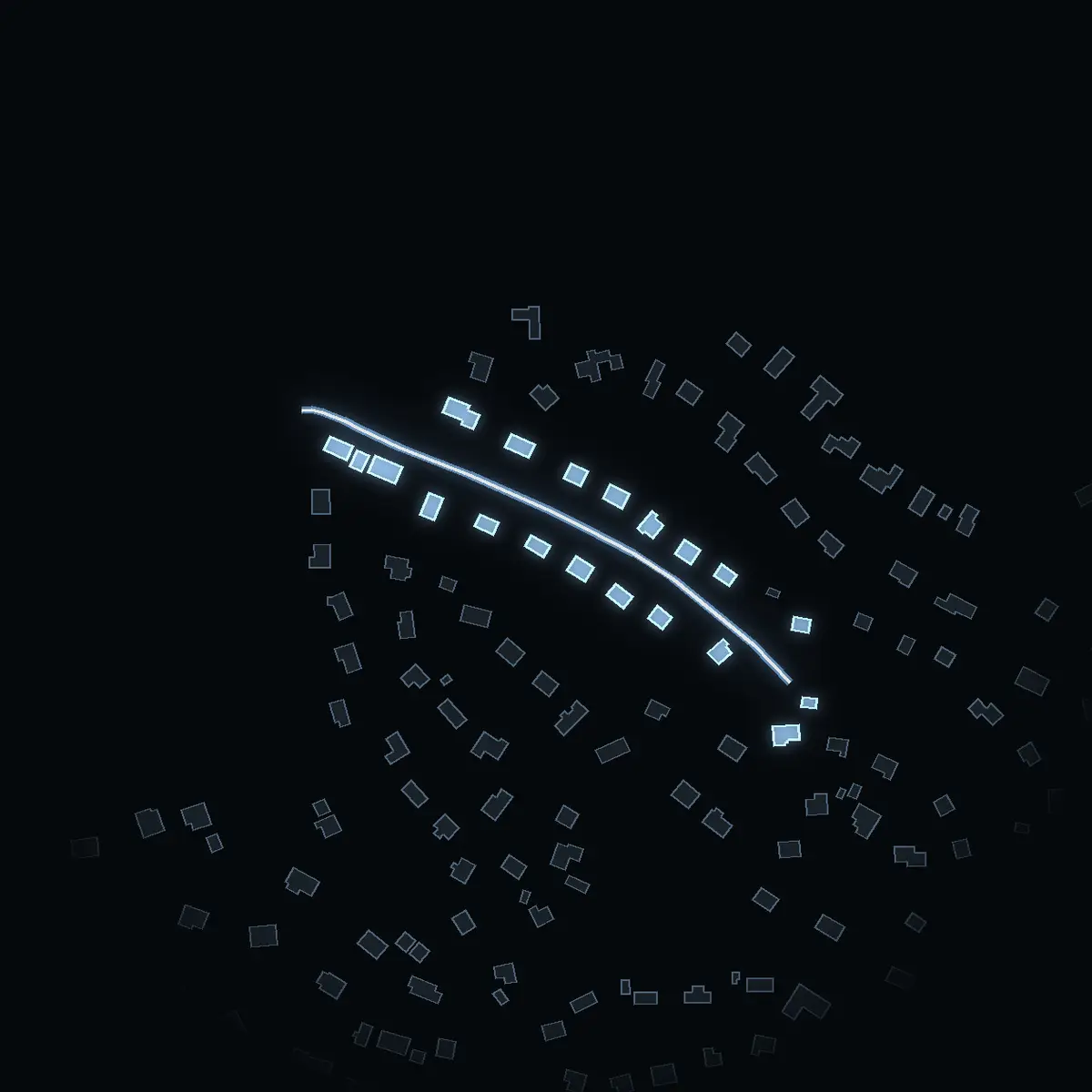 The street at night: Skutuddsvägen drawn in white, its buildings lit in the colour of their area’s income