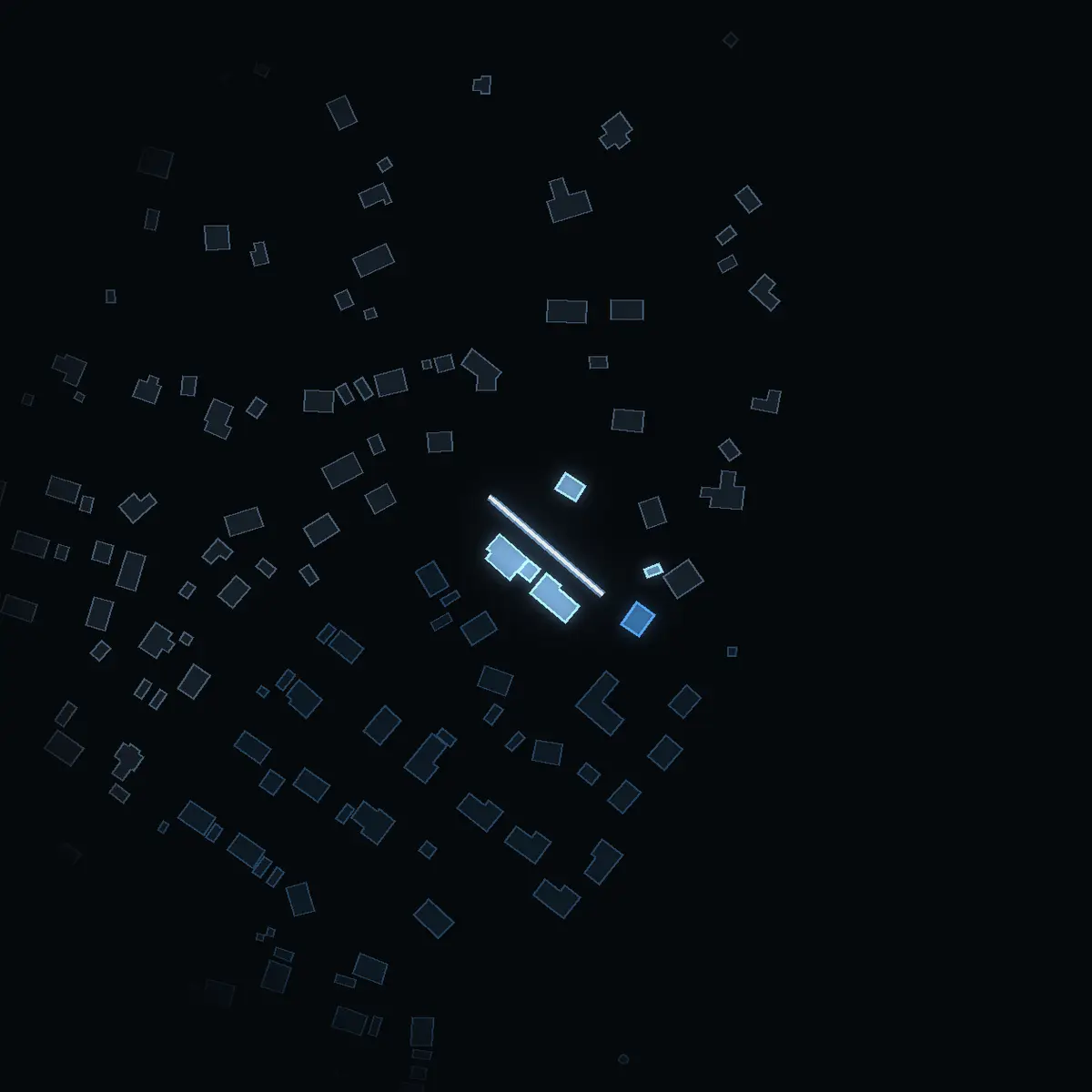 The street at night: Slåttervägen drawn in white, its buildings lit in the colour of their area’s income