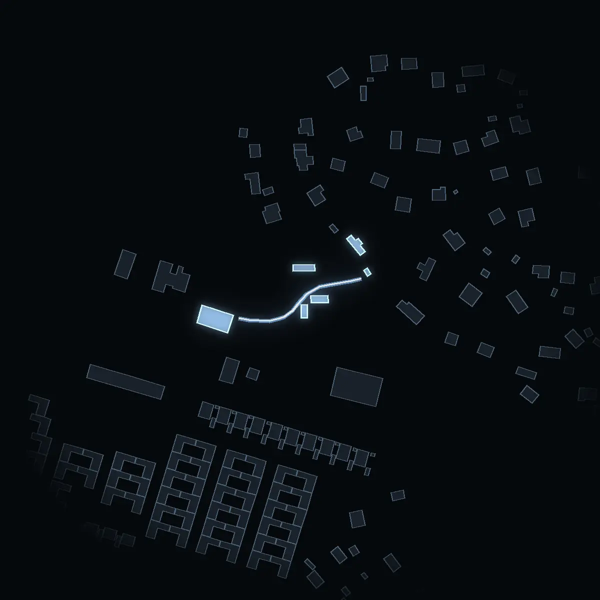 The street at night: Slingerstigen drawn in white, its buildings lit in the colour of their area’s income