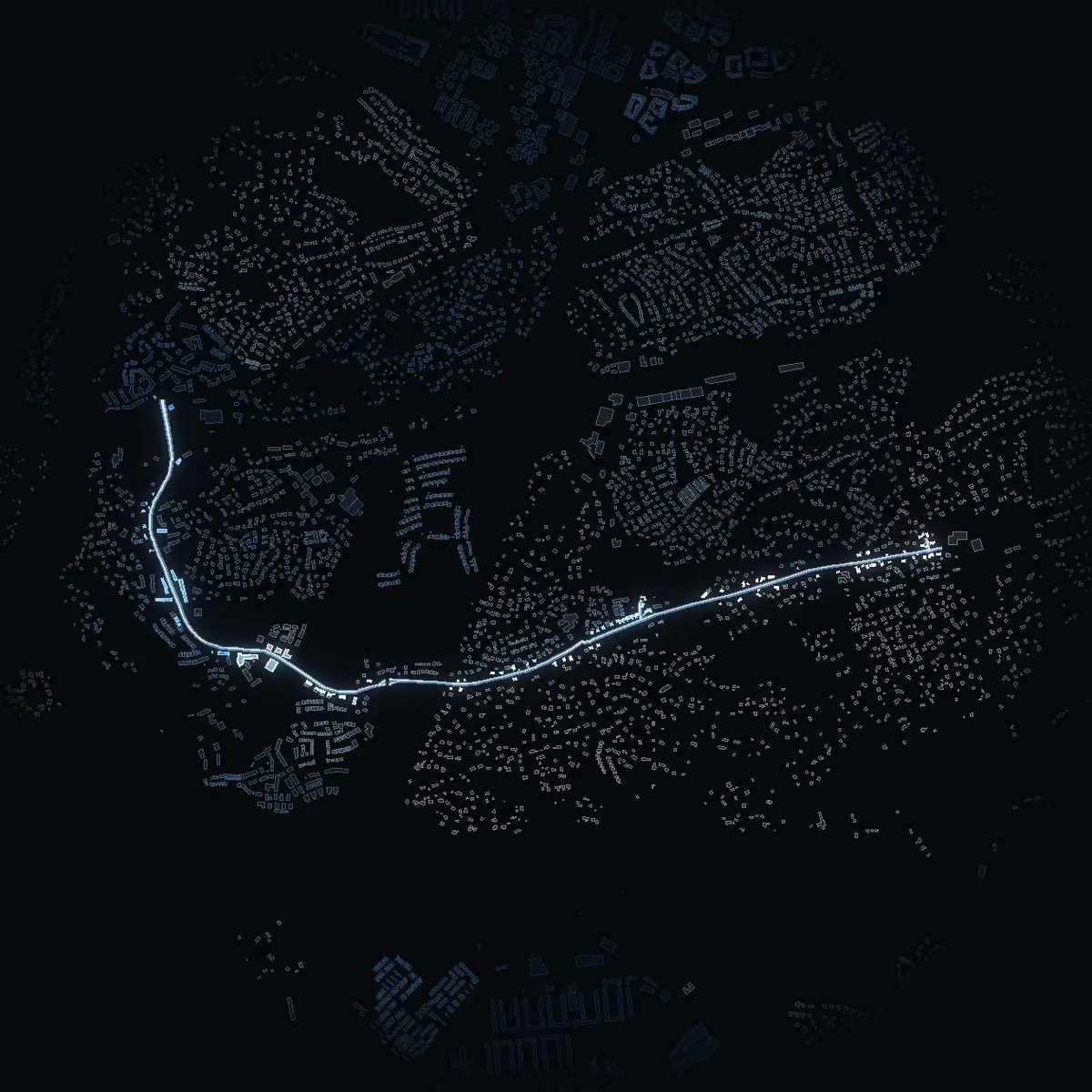 The street at night: Sockenvägen drawn in white, its buildings lit in the colour of their area’s income
