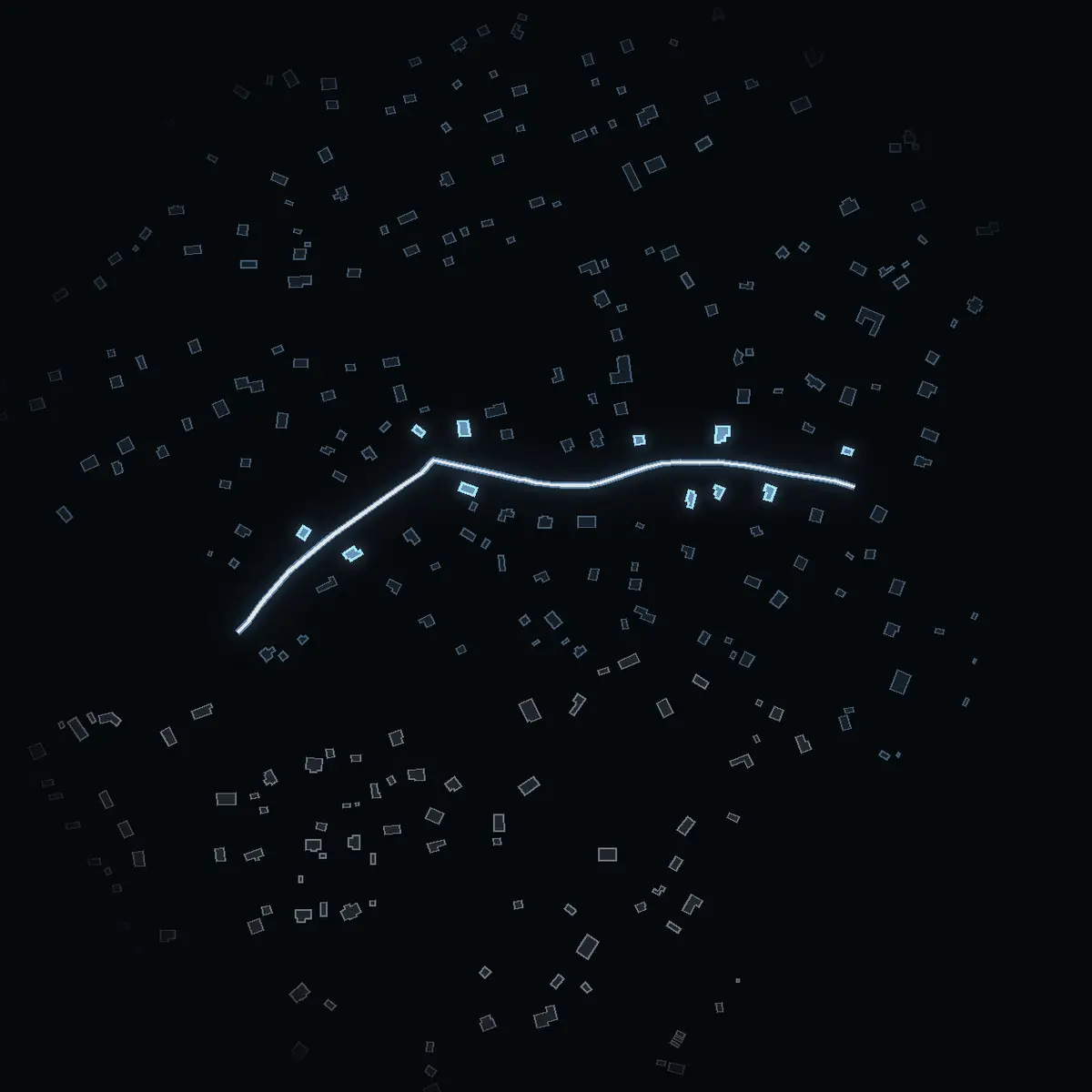 The street at night: Söderled drawn in white, its buildings lit in the colour of their area’s income
