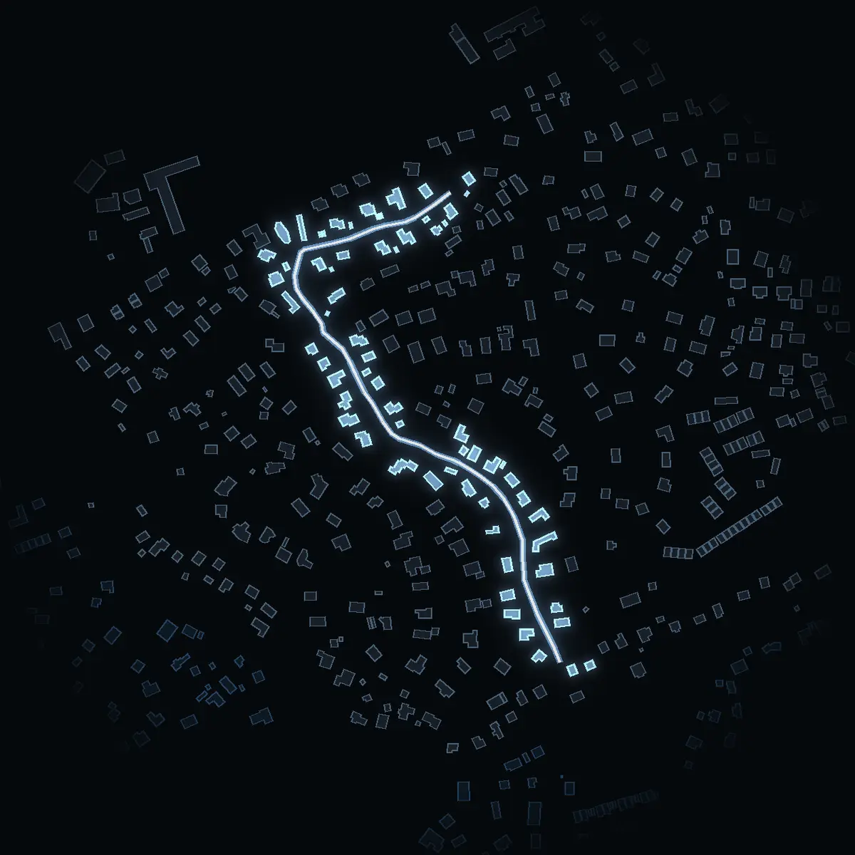 The street at night: Solstigen drawn in white, its buildings lit in the colour of their area’s income