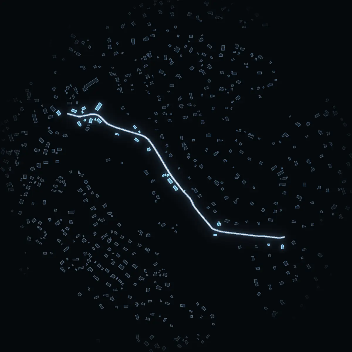 The street at night: Solviksvägen drawn in white, its buildings lit in the colour of their area’s income