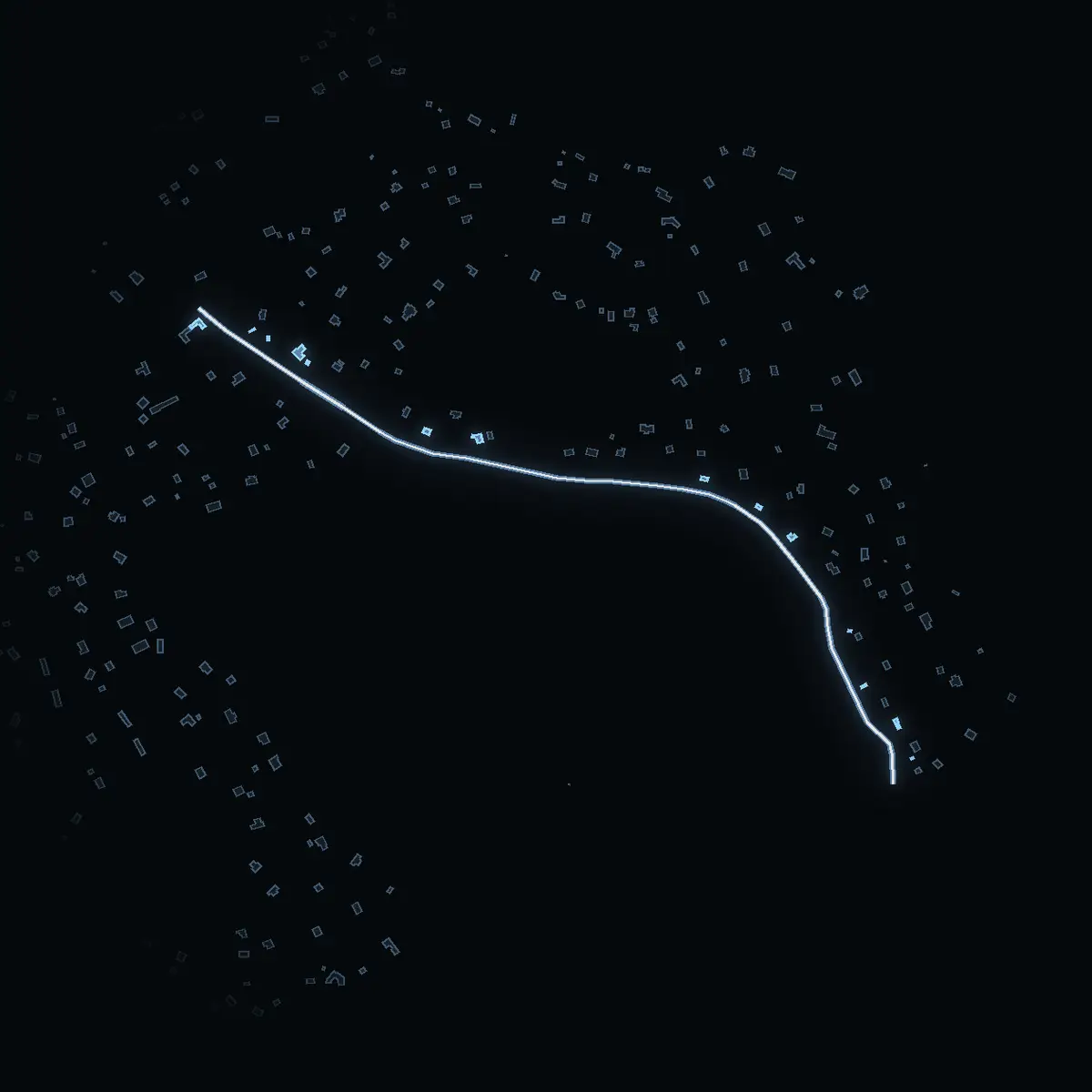 The street at night: Sommarbovägen drawn in white, its buildings lit in the colour of their area’s income
