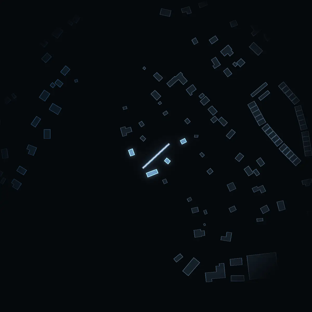 The street at night: Sparvstigen drawn in white, its buildings lit in the colour of their area’s income