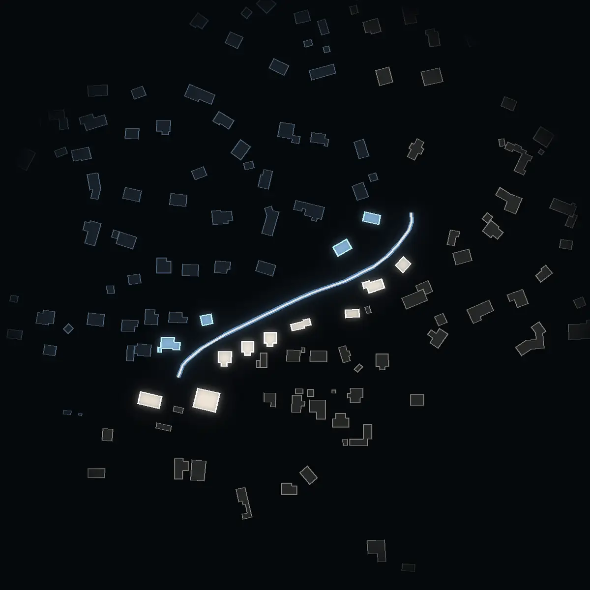 The street at night: Stationsbacken drawn in white, its buildings lit in the colour of their area’s income