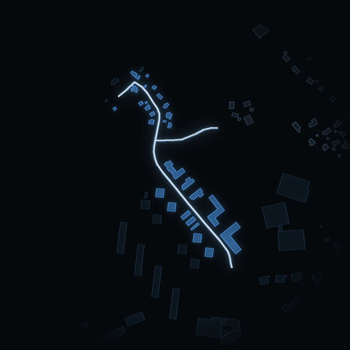 The street at night: Stensövägen drawn in white, its buildings lit in the colour of their area’s income