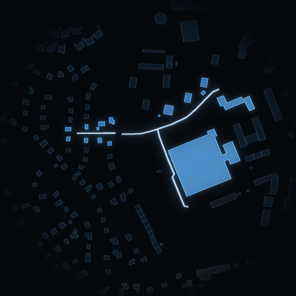 The street at night: Tallmovägen drawn in white, its buildings lit in the colour of their area’s income