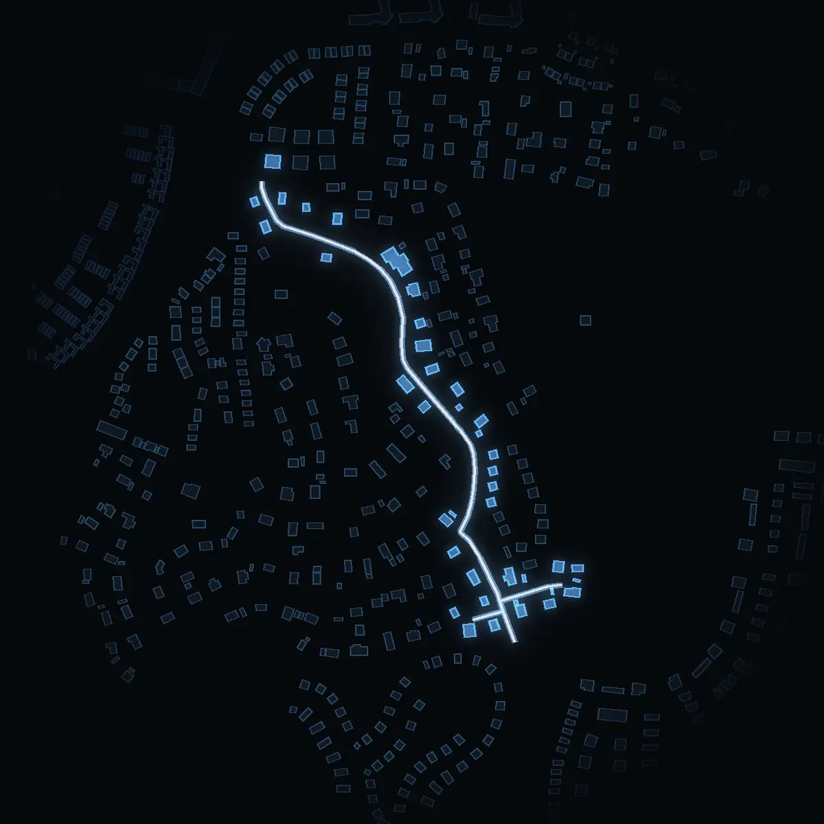The street at night: Tellusvägen drawn in white, its buildings lit in the colour of their area’s income