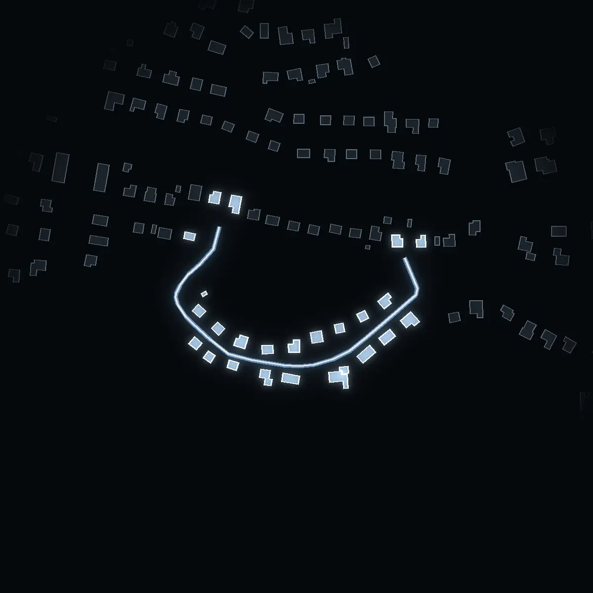 The street at night: Terassvägen drawn in white, its buildings lit in the colour of their area’s income