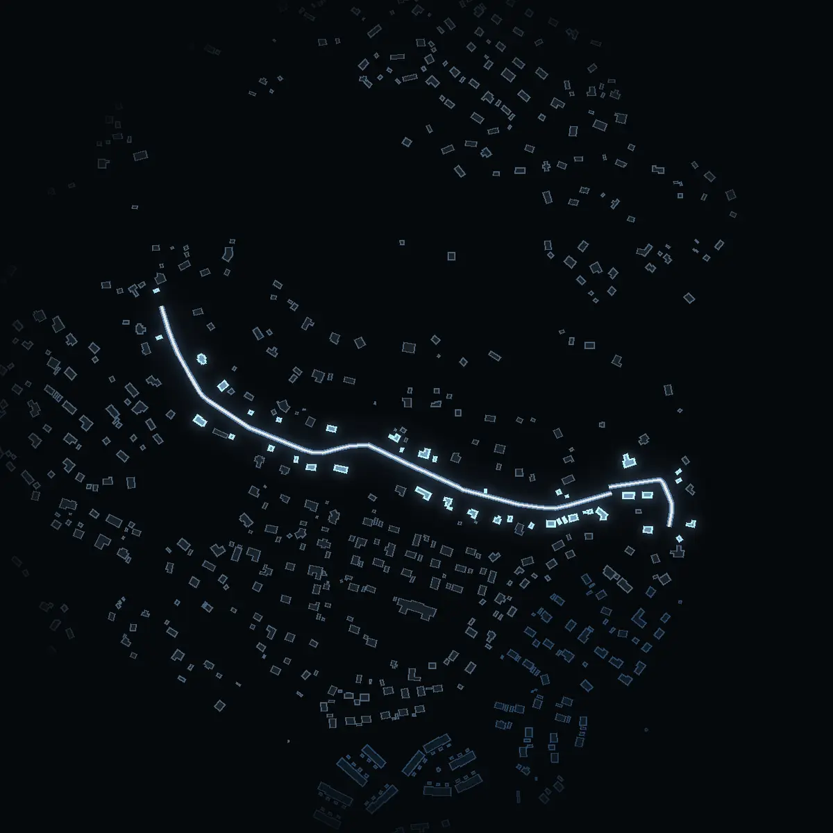 The street at night: Tessinvägen drawn in white, its buildings lit in the colour of their area’s income