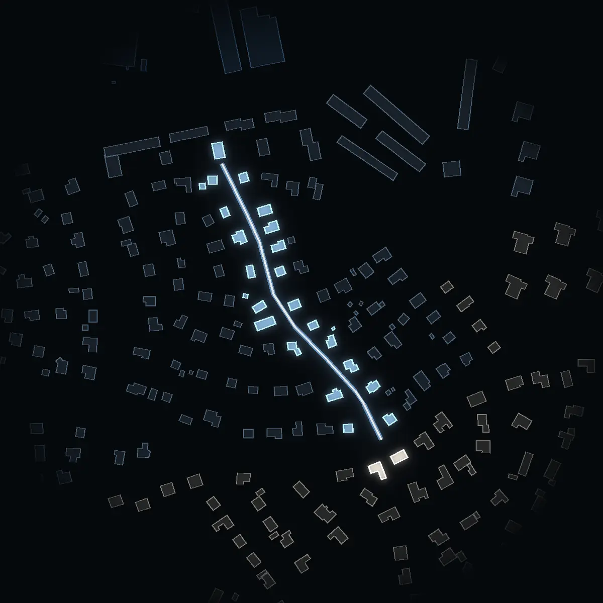 The street at night: Tjädervägen drawn in white, its buildings lit in the colour of their area’s income