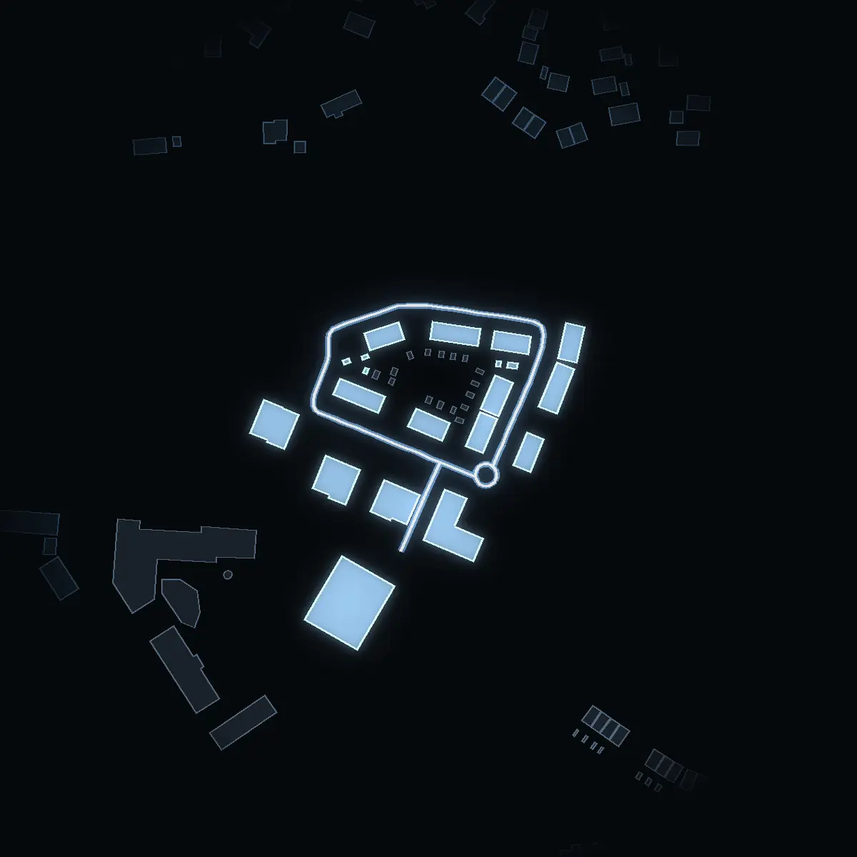 The street at night: Tollare Ängsväg drawn in white, its buildings lit in the colour of their area’s income