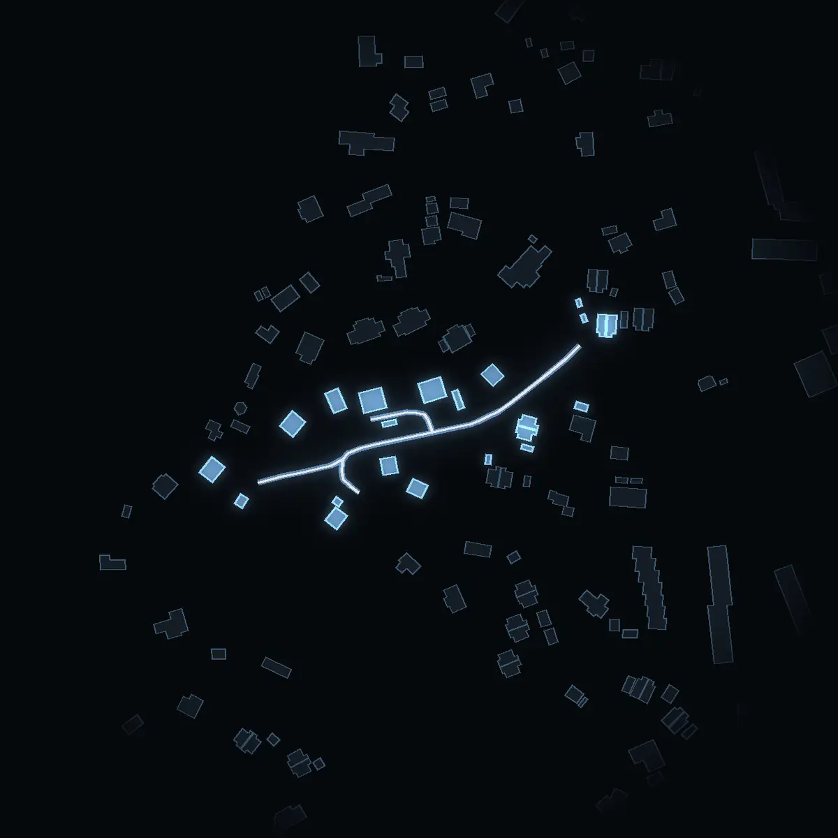The street at night: Trappvägen drawn in white, its buildings lit in the colour of their area’s income