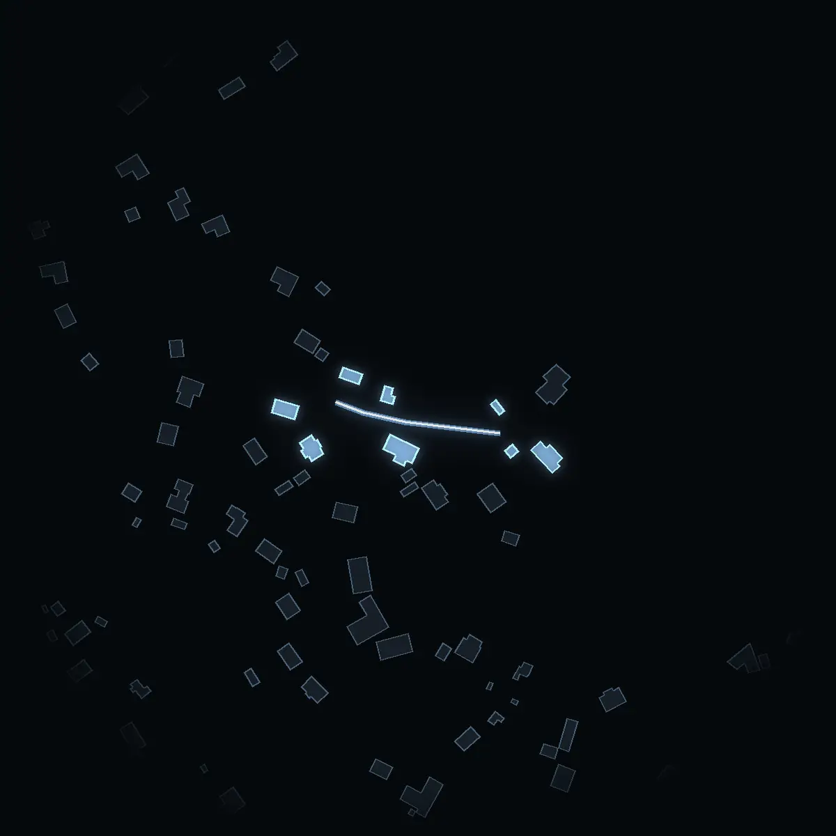 The street at night: Trollbacken drawn in white, its buildings lit in the colour of their area’s income