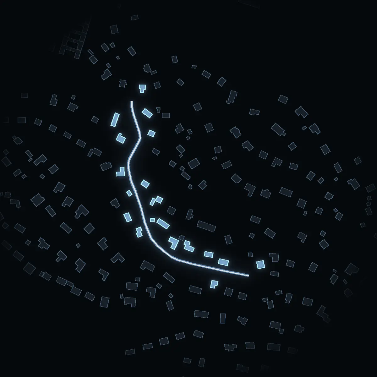 The street at night: Trumpetarevägen drawn in white, its buildings lit in the colour of their area’s income