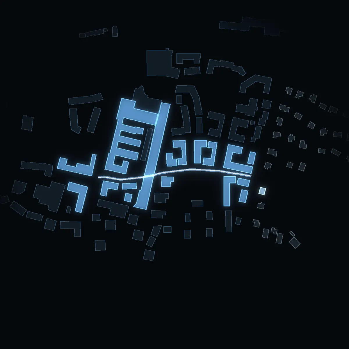 The street at night: Turbinvägen drawn in white, its buildings lit in the colour of their area’s income