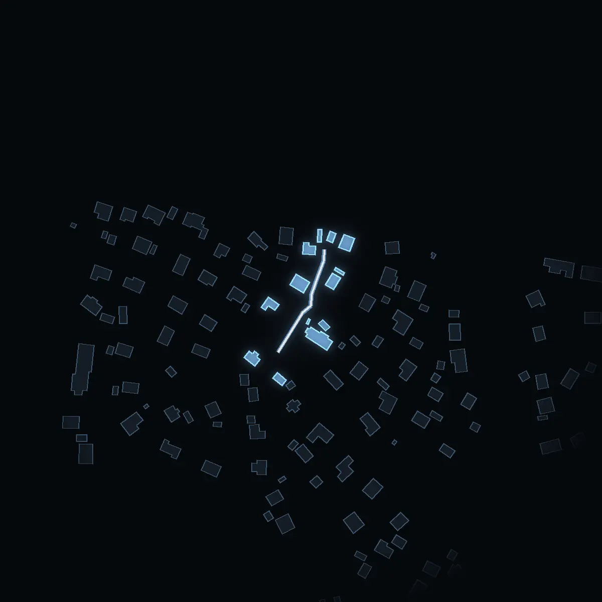 The street at night: Ulvgränd drawn in white, its buildings lit in the colour of their area’s income