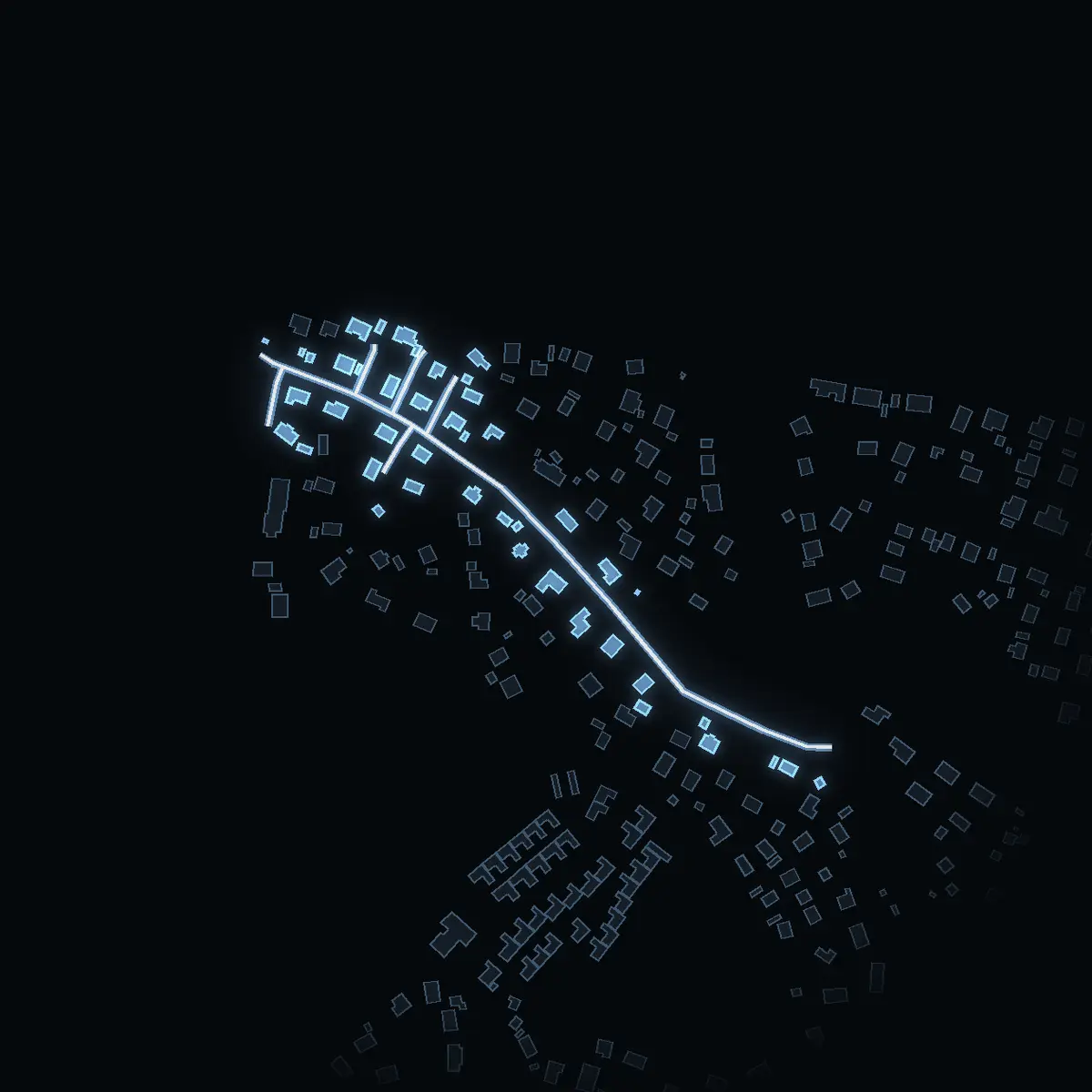 The street at night: Ulvsjövägen drawn in white, its buildings lit in the colour of their area’s income