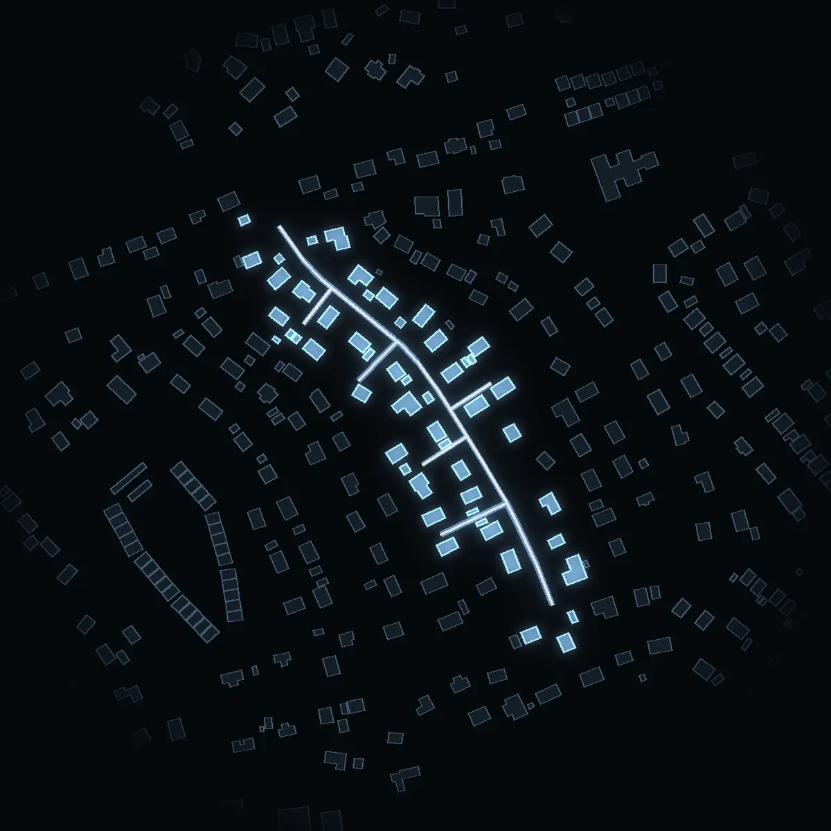 The street at night: Vallvägen drawn in white, its buildings lit in the colour of their area’s income