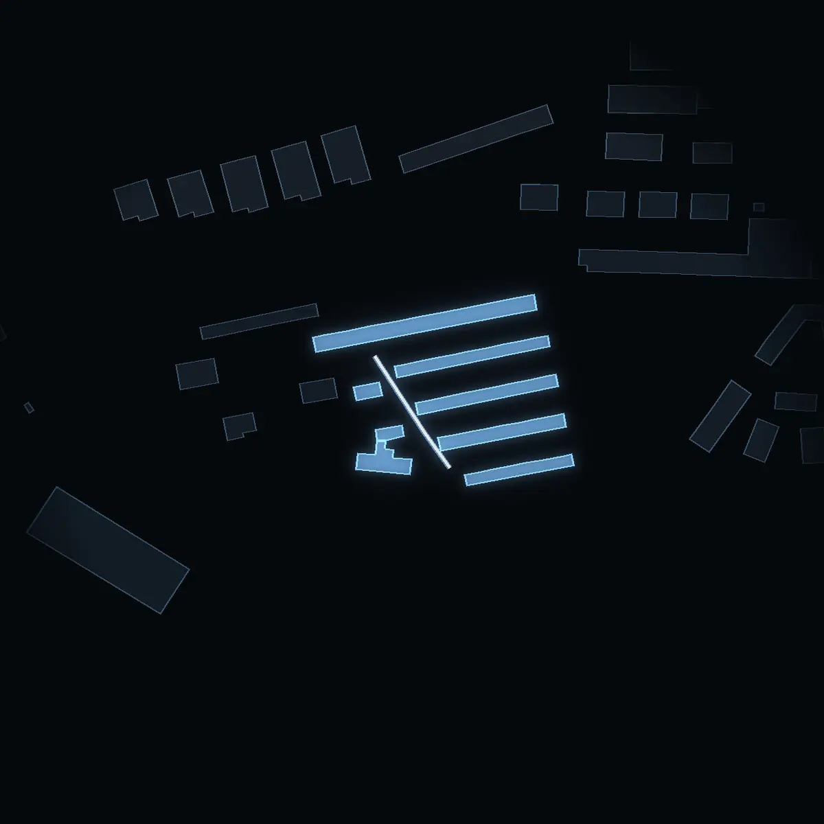 The street at night: Valsvägen drawn in white, its buildings lit in the colour of their area’s income