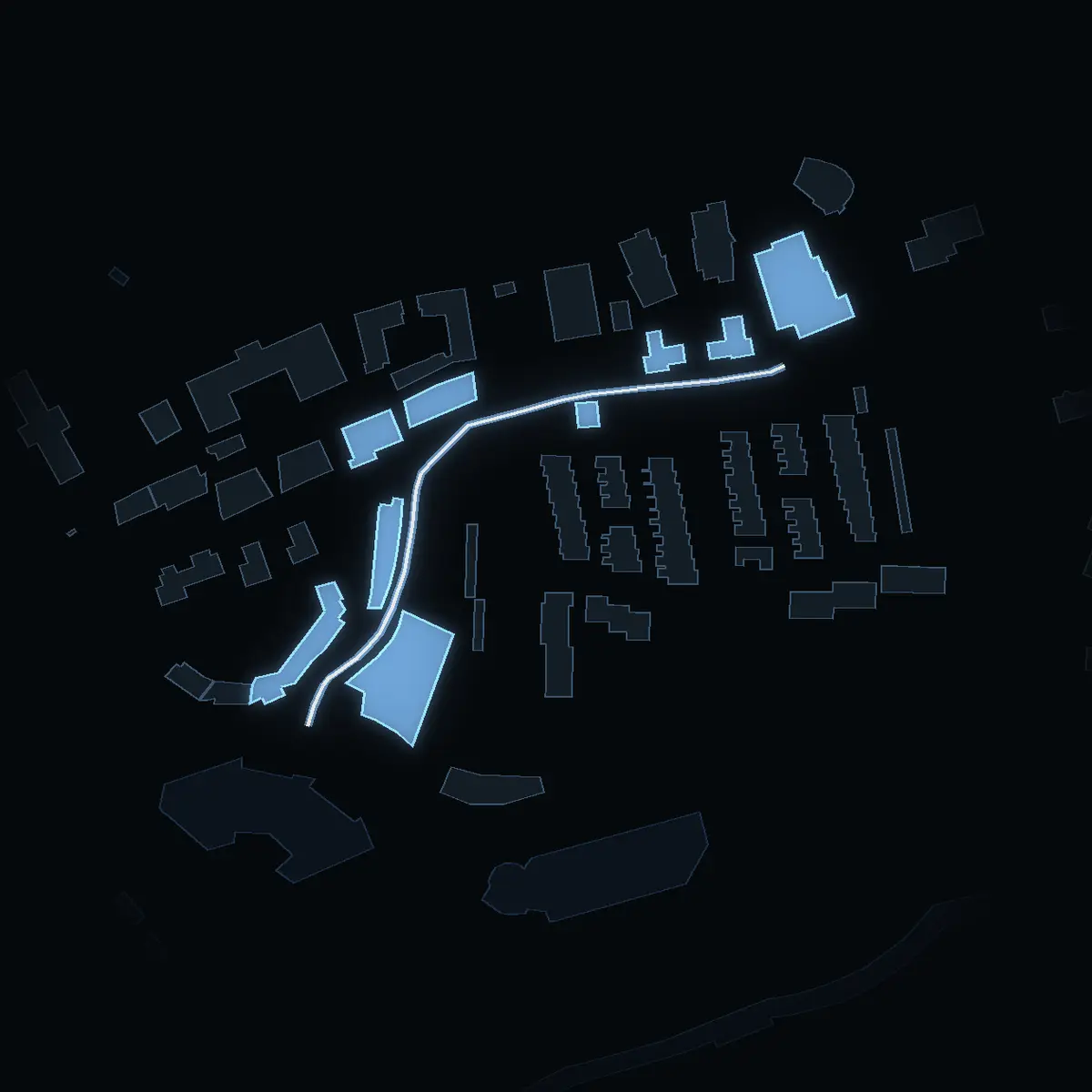 The street at night: Västra Finnbodavägen drawn in white, its buildings lit in the colour of their area’s income