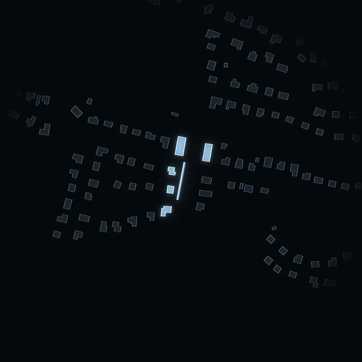 The street at night: Västra Lillvägen drawn in white, its buildings lit in the colour of their area’s income