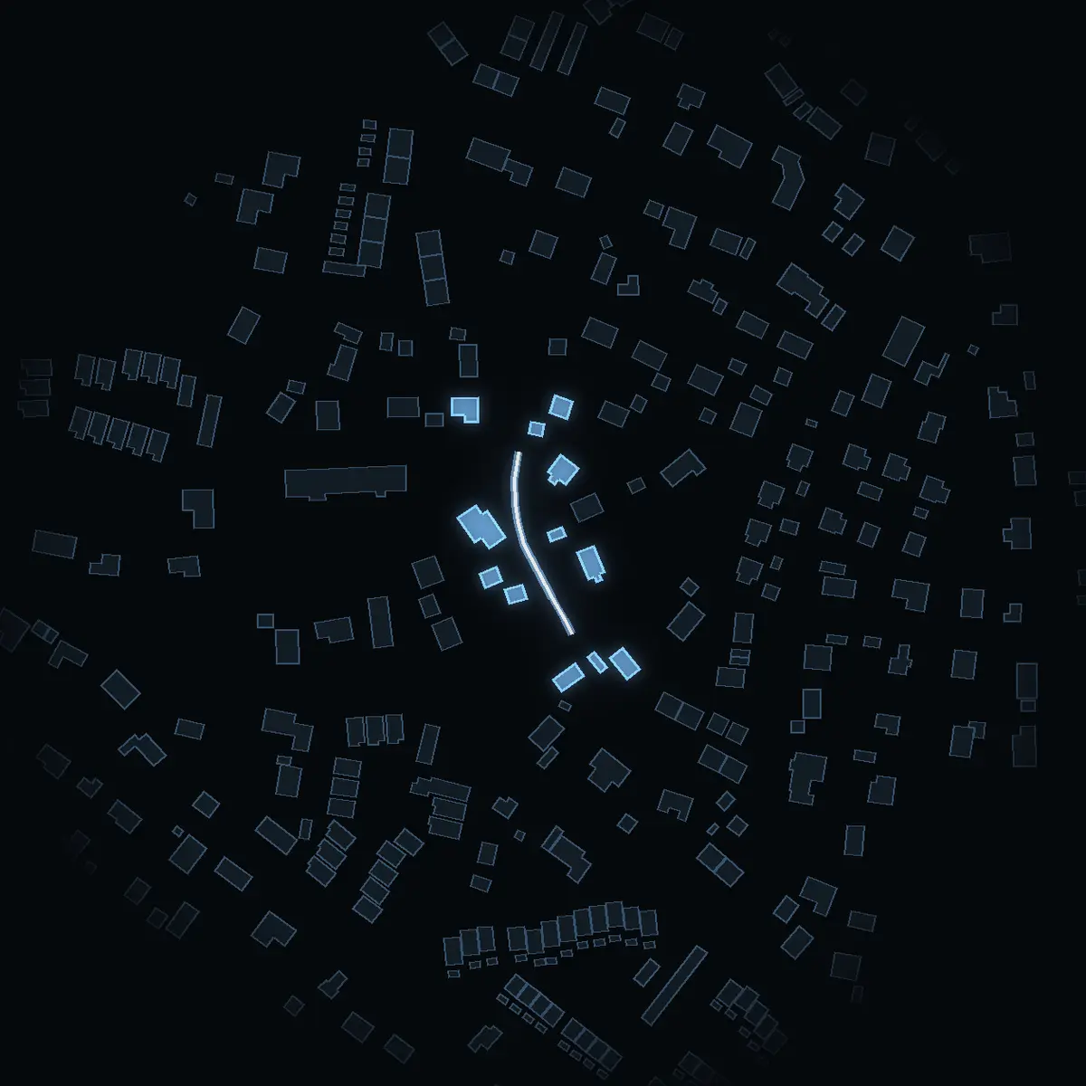 The street at night: Videvägen drawn in white, its buildings lit in the colour of their area’s income