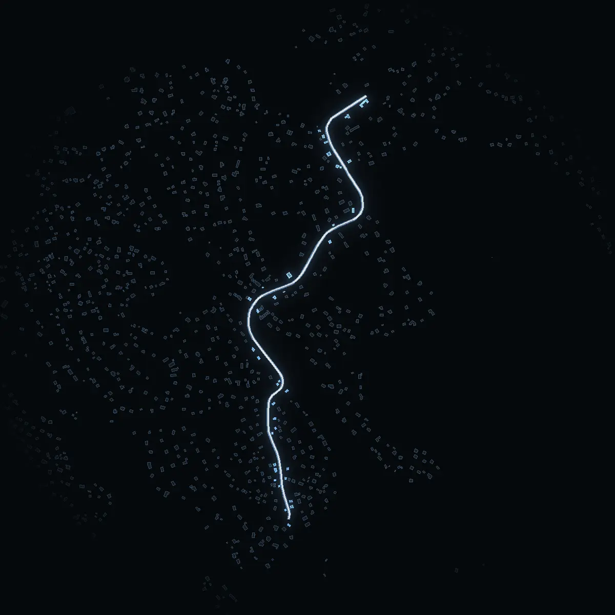 The street at night: Vikingshillsvägen drawn in white, its buildings lit in the colour of their area’s income