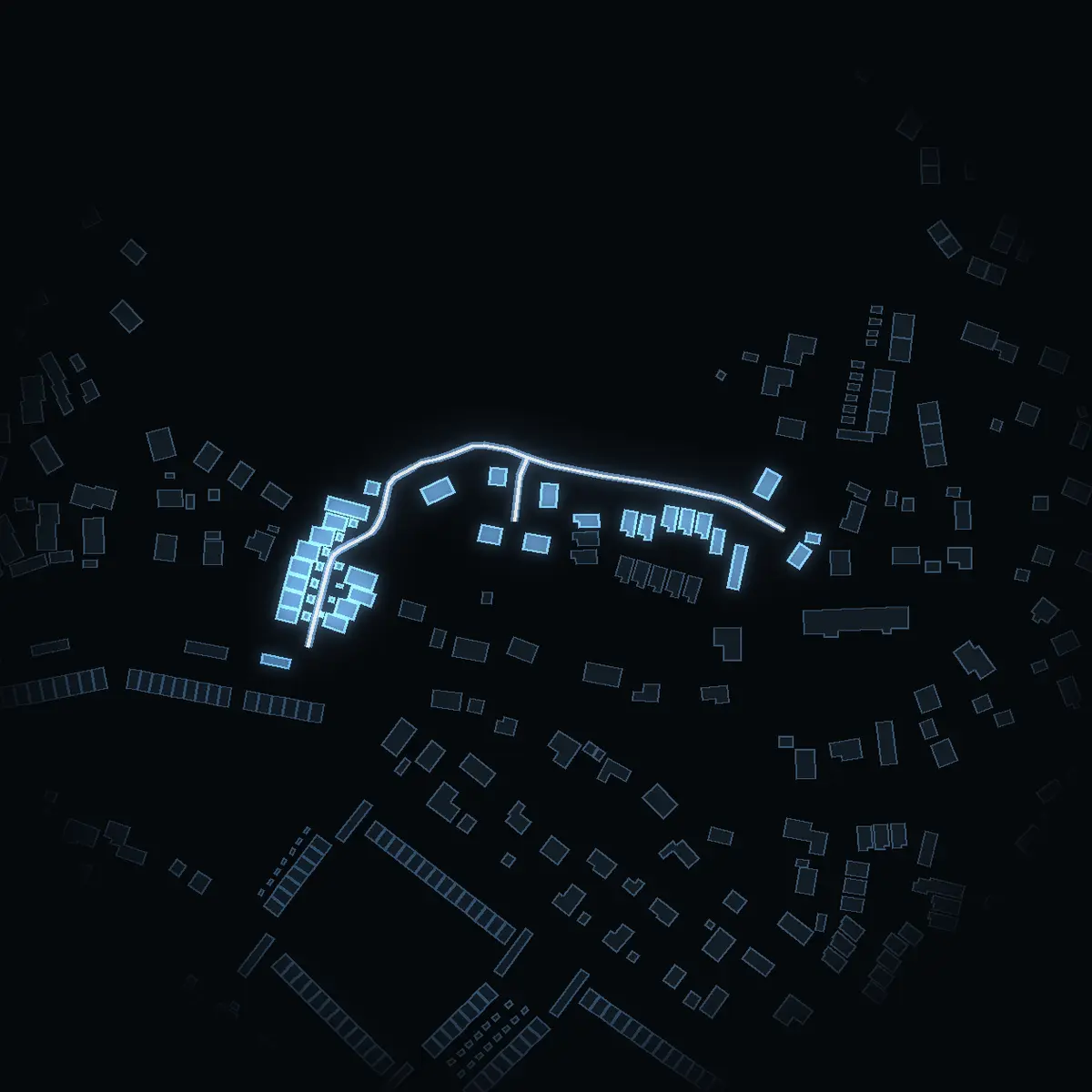 The street at night: Vitmossvägen drawn in white, its buildings lit in the colour of their area’s income