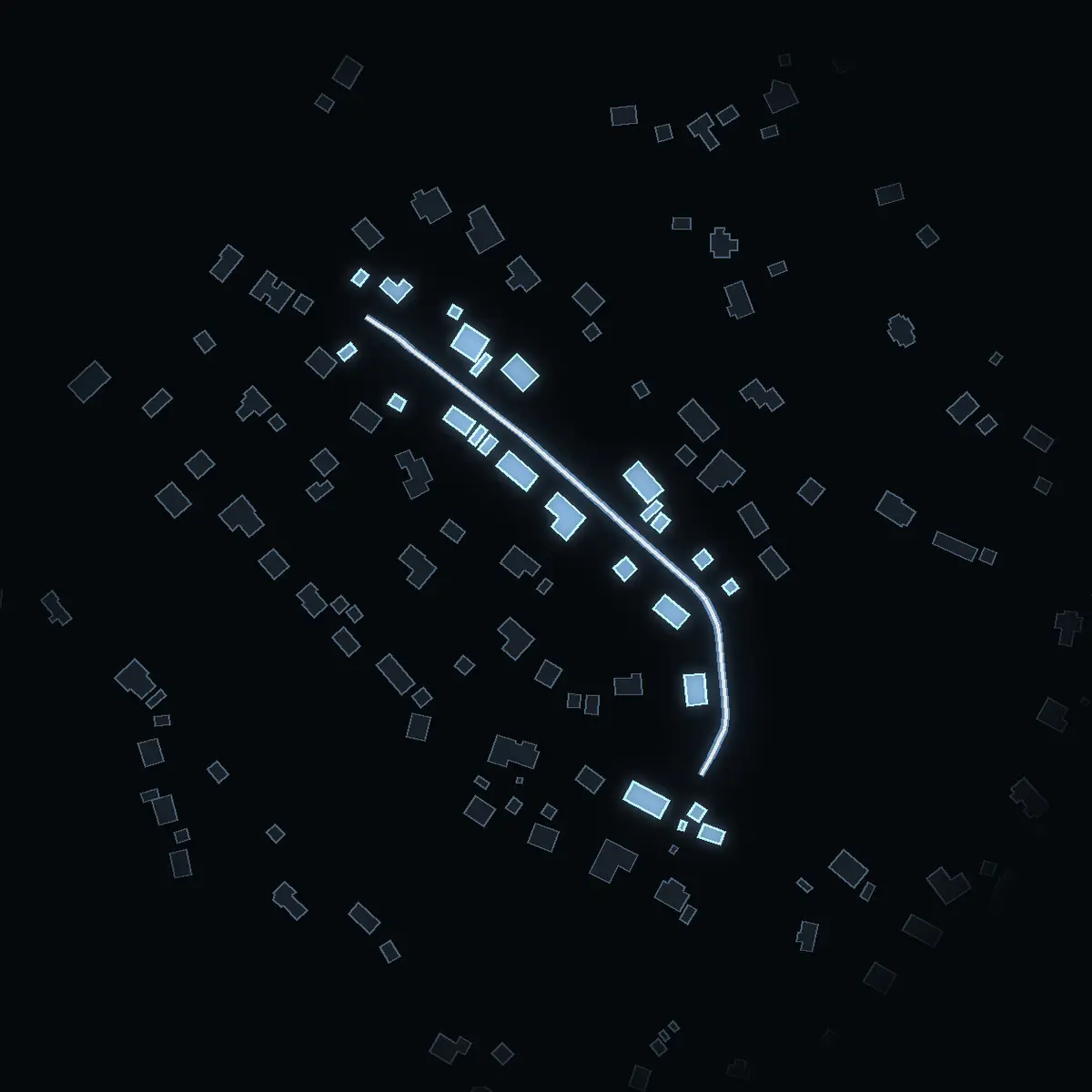 The street at night: Vittravägen drawn in white, its buildings lit in the colour of their area’s income