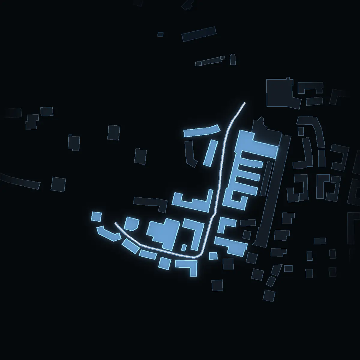 The street at night: Winborgs väg drawn in white, its buildings lit in the colour of their area’s income