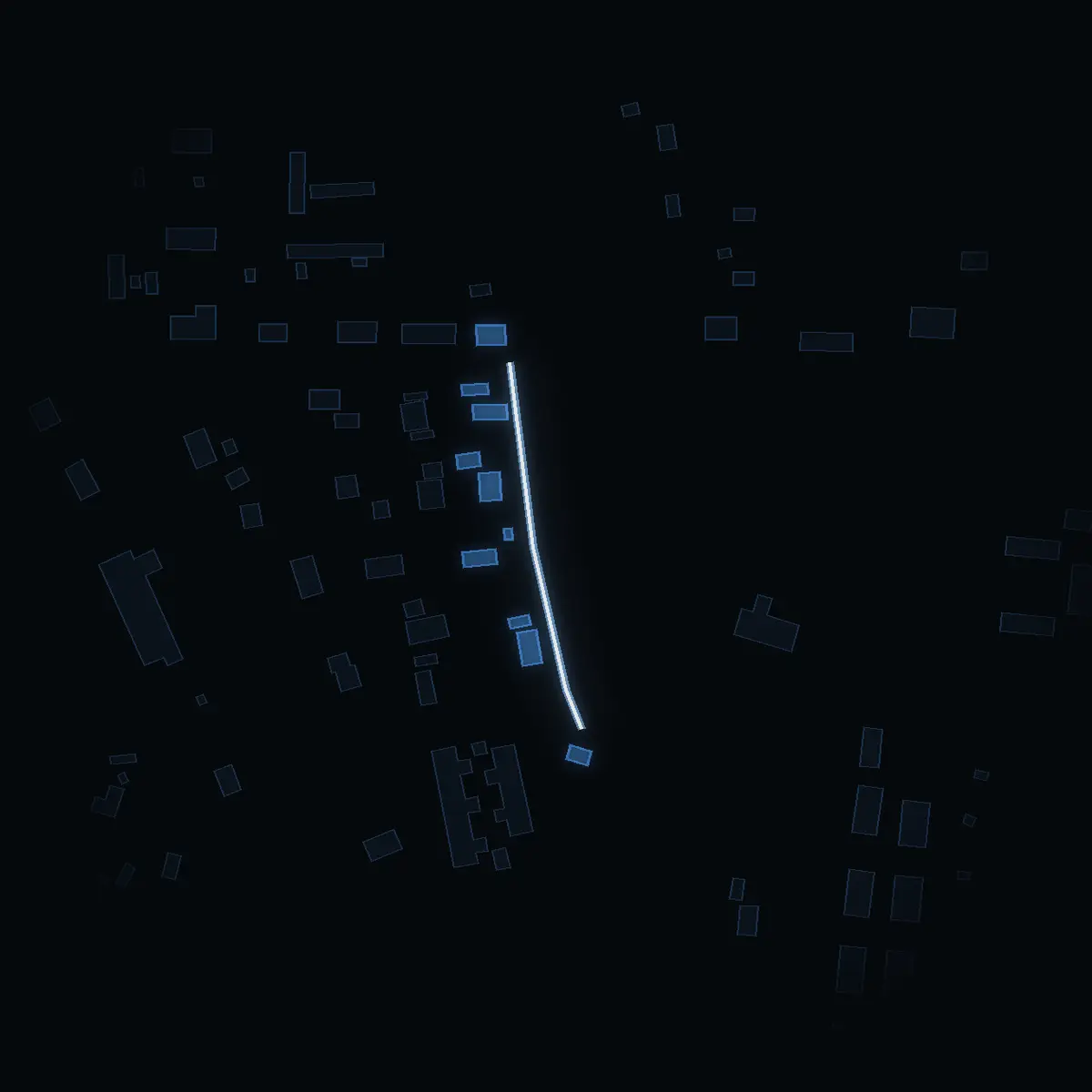The street at night: Åbrinken drawn in white, its buildings lit in the colour of their area’s income