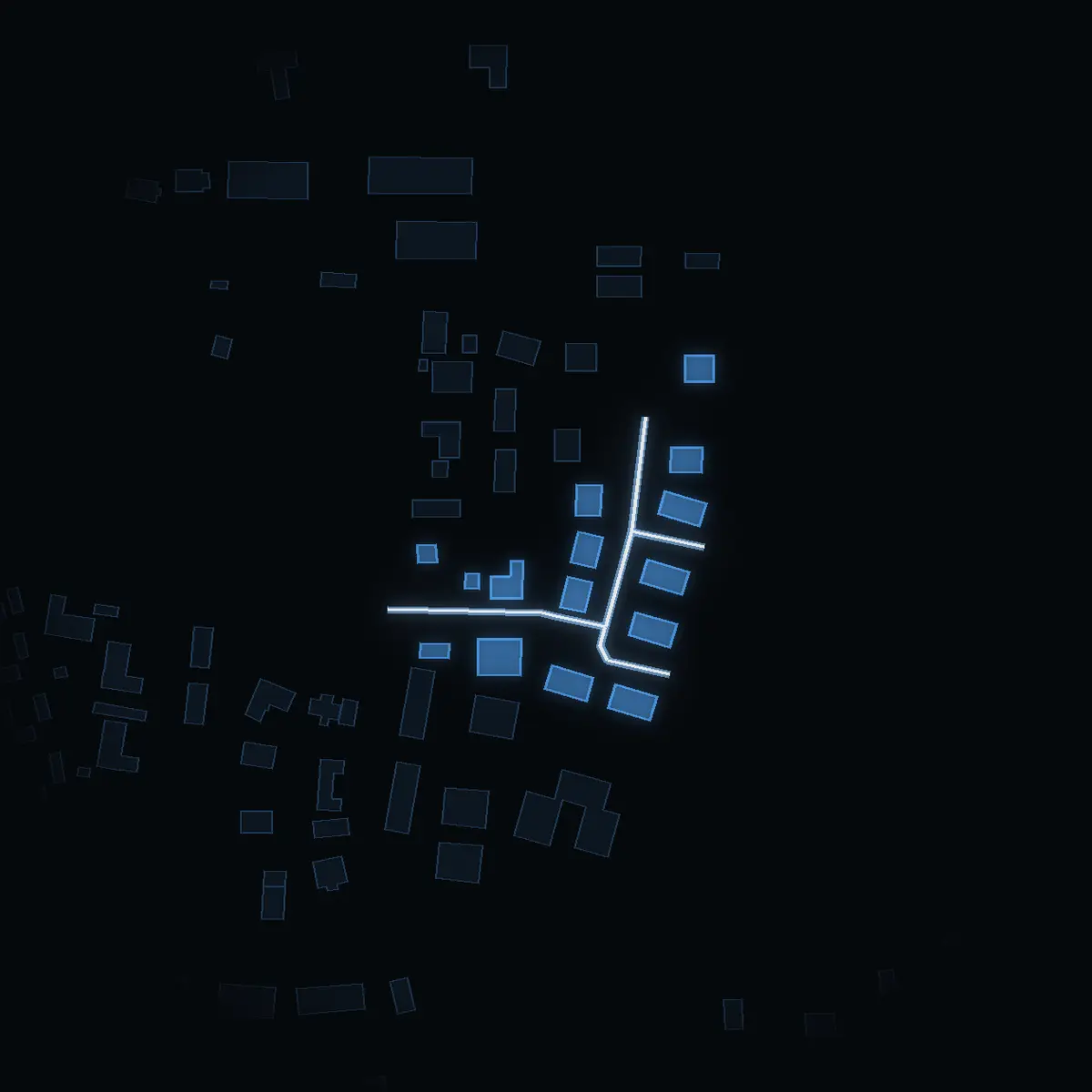 The street at night: Åkerbärsvägen drawn in white, its buildings lit in the colour of their area’s income