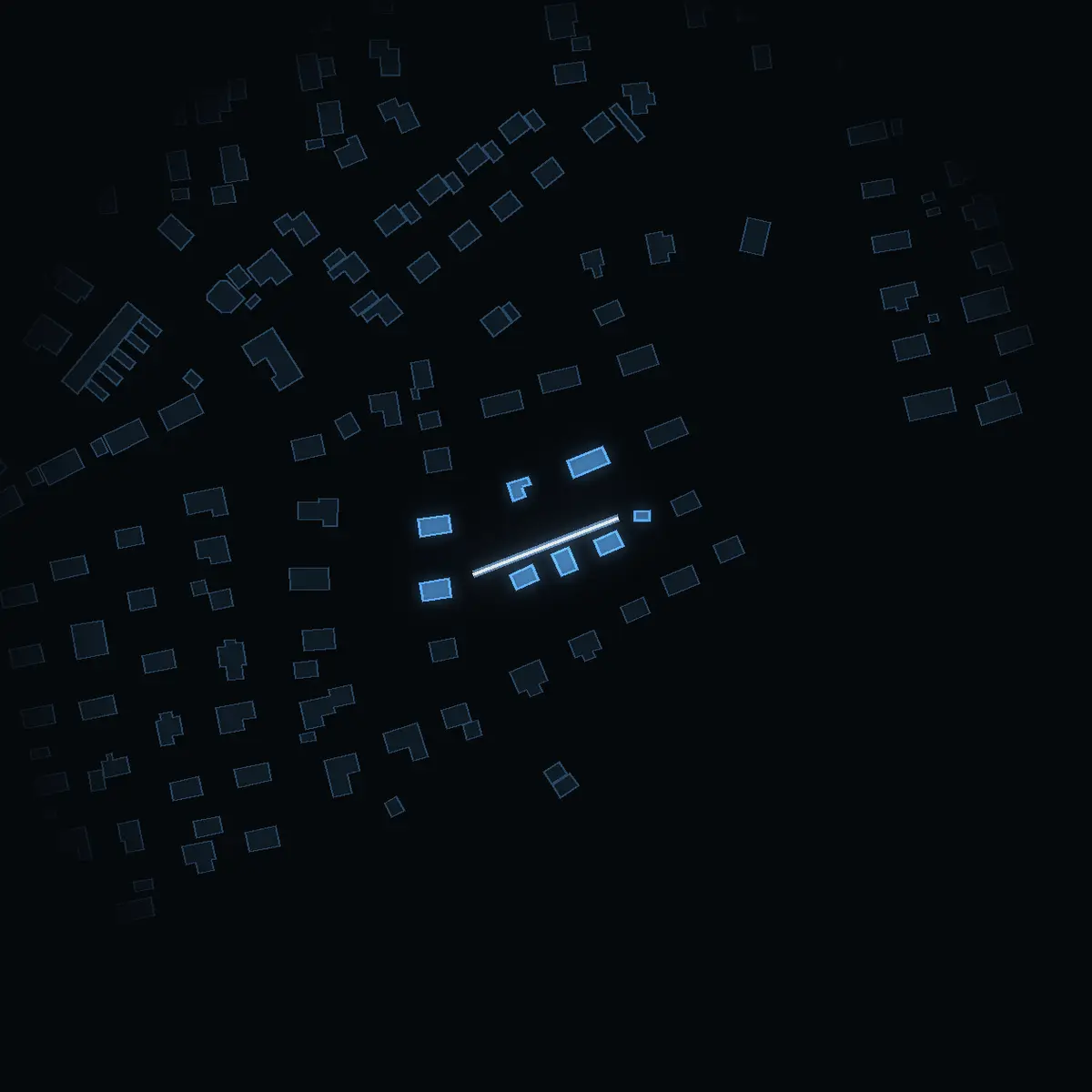 The street at night: Ankarvägen drawn in white, its buildings lit in the colour of their area’s income