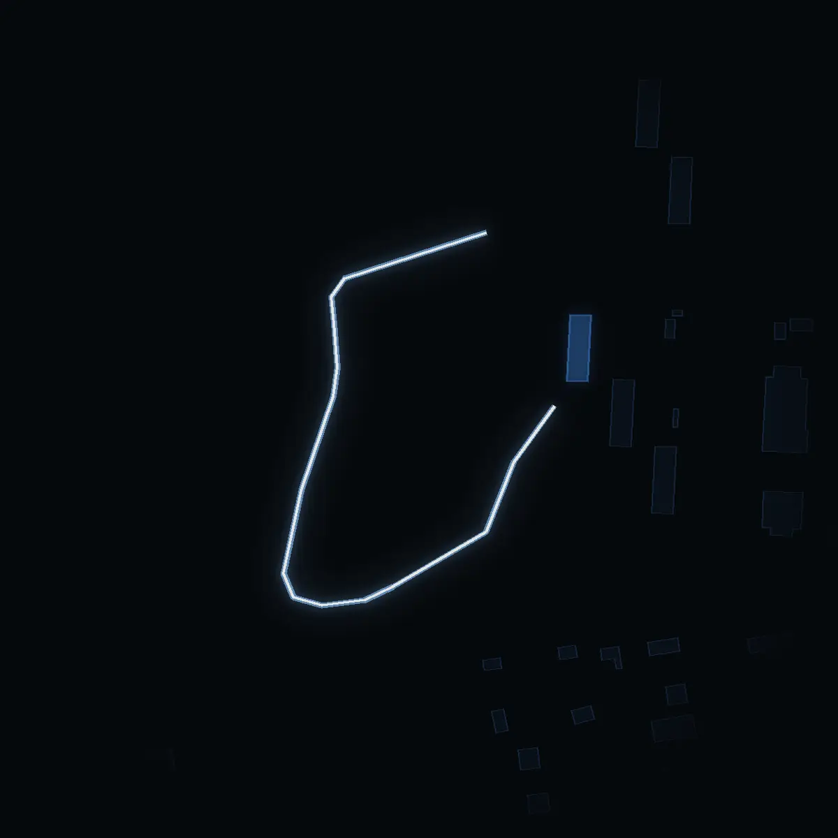 The street at night: Aspvägen drawn in white, its buildings lit in the colour of their area’s income