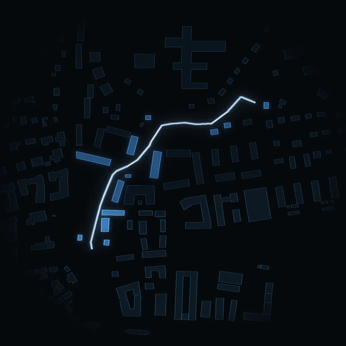 The street at night: Bältartorpsgatan drawn in white, its buildings lit in the colour of their area’s income