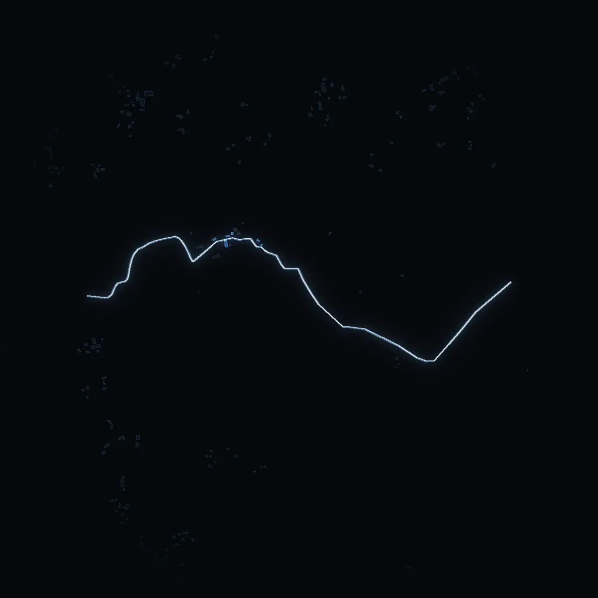 The street at night: Bergs gårdsväg drawn in white, its buildings lit in the colour of their area’s income