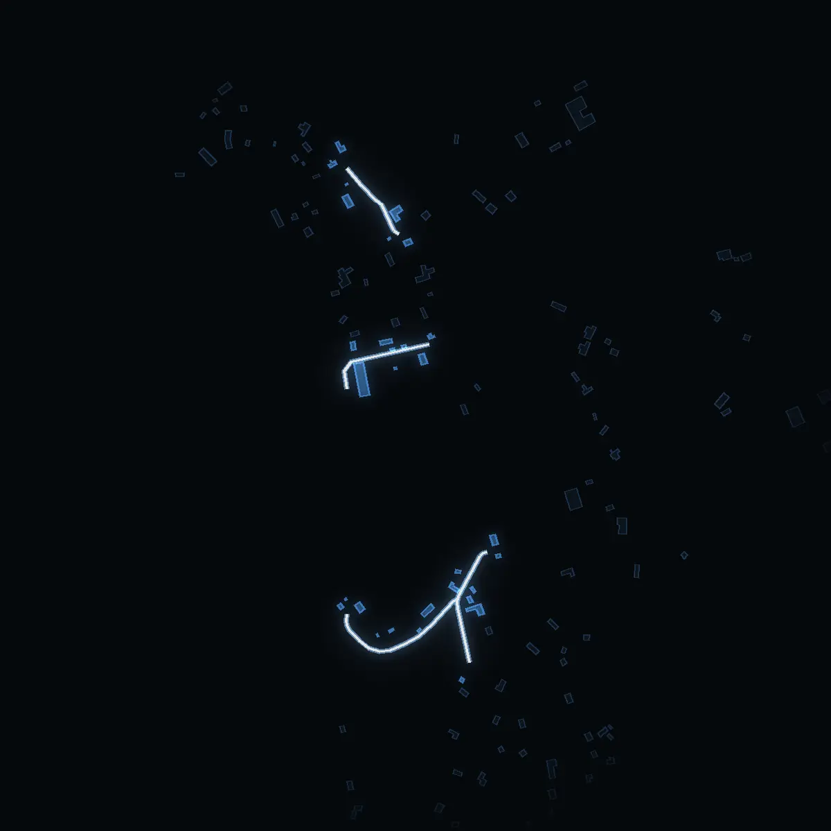The street at night: Bergshamra Byväg drawn in white, its buildings lit in the colour of their area’s income